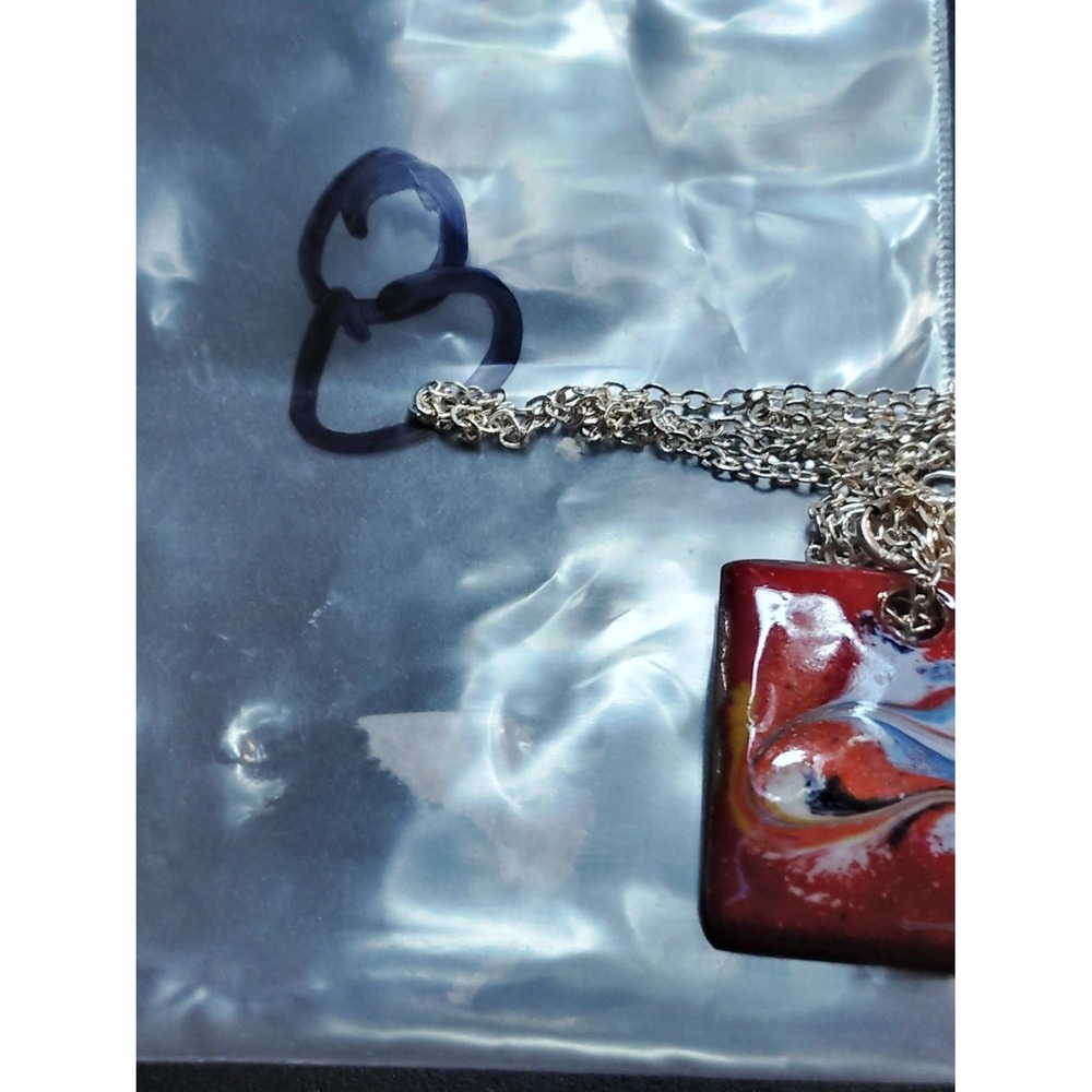 Vintage Irish Enamel Pendant Necklace Abstract Swirl 925 Sterling Chain Red Blue